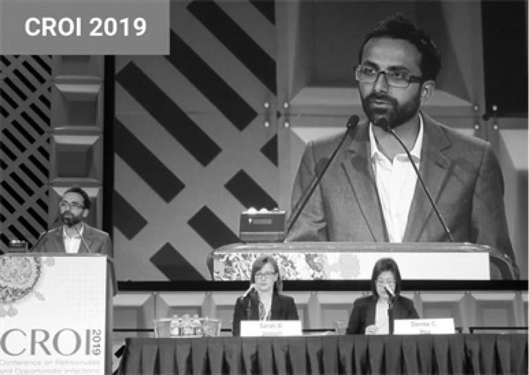 Foto: Liz Highleyman Ravindra Gupta apresentando, na CROI 2019, o caso do paciente de Londres, um possível caso de cura do HIV após um transplante de células-tronco