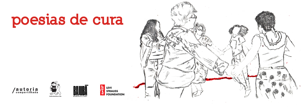 Publicação Poesias de Cura: ilustração de pessoas de mãos dadas em roda simbolizando acolhimento e cura coletiva. Parceria com Grupo de Incentivo à Vida (GIV), Bajubá Memórias LGBT, Autoria Compartilhada e Levi Strauss Foundation.